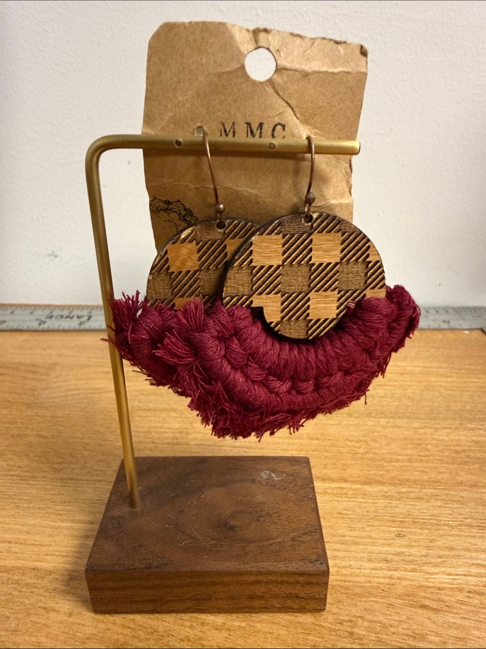 Wood lattice circular earrings with wine red woven tassel accents
